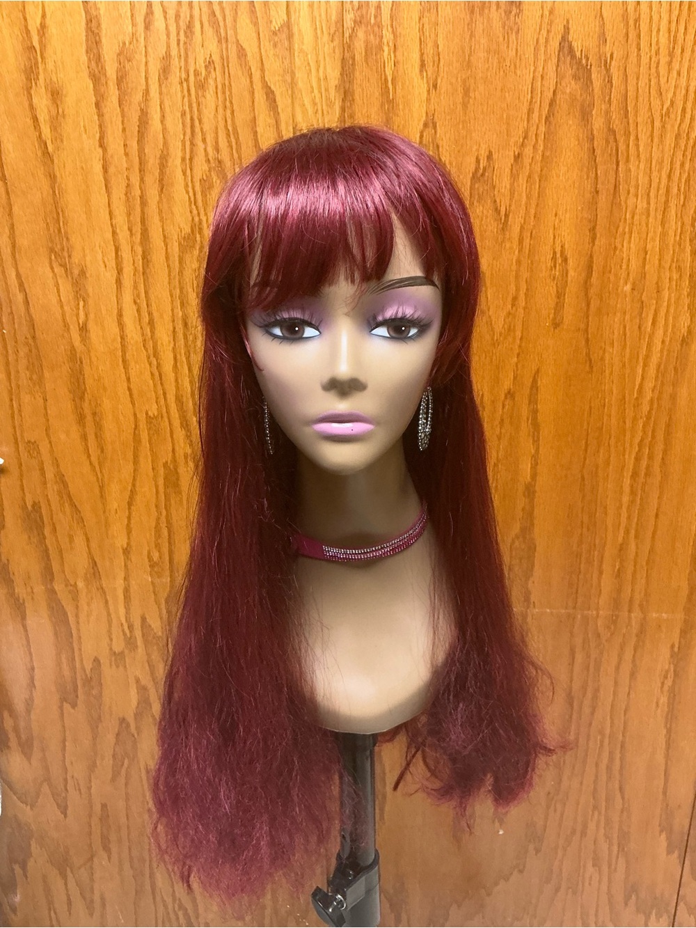 Burgundy Long Straight Women's Wig with Bangs - Unbranded